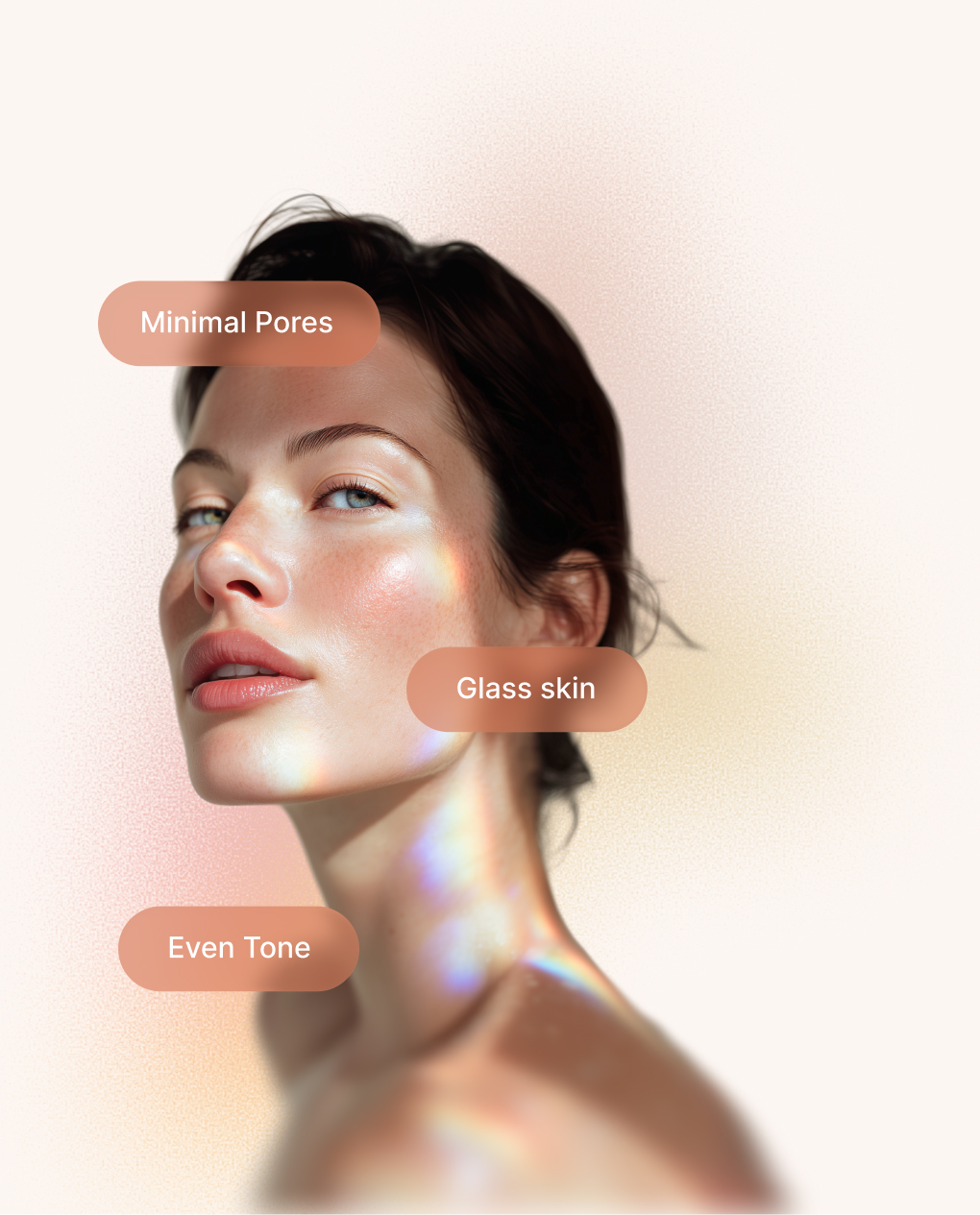 Glass skin, minimal pores, even tone